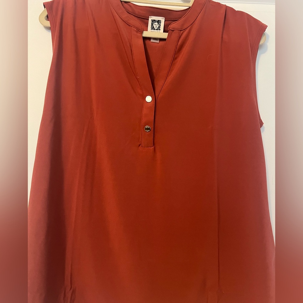 Anne Klein Red Sleeveless Blouse with Mandarin Collar